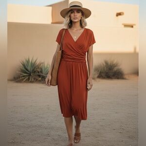 Anthropologie Velvet by Graham & Spencer Rust Jersey Faux Wrap Midi Dress M